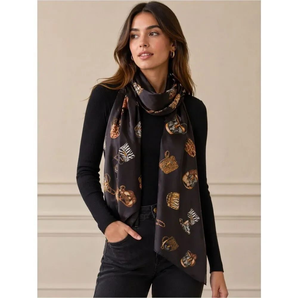 Black and Gold Patterned Scarf with Purse Print